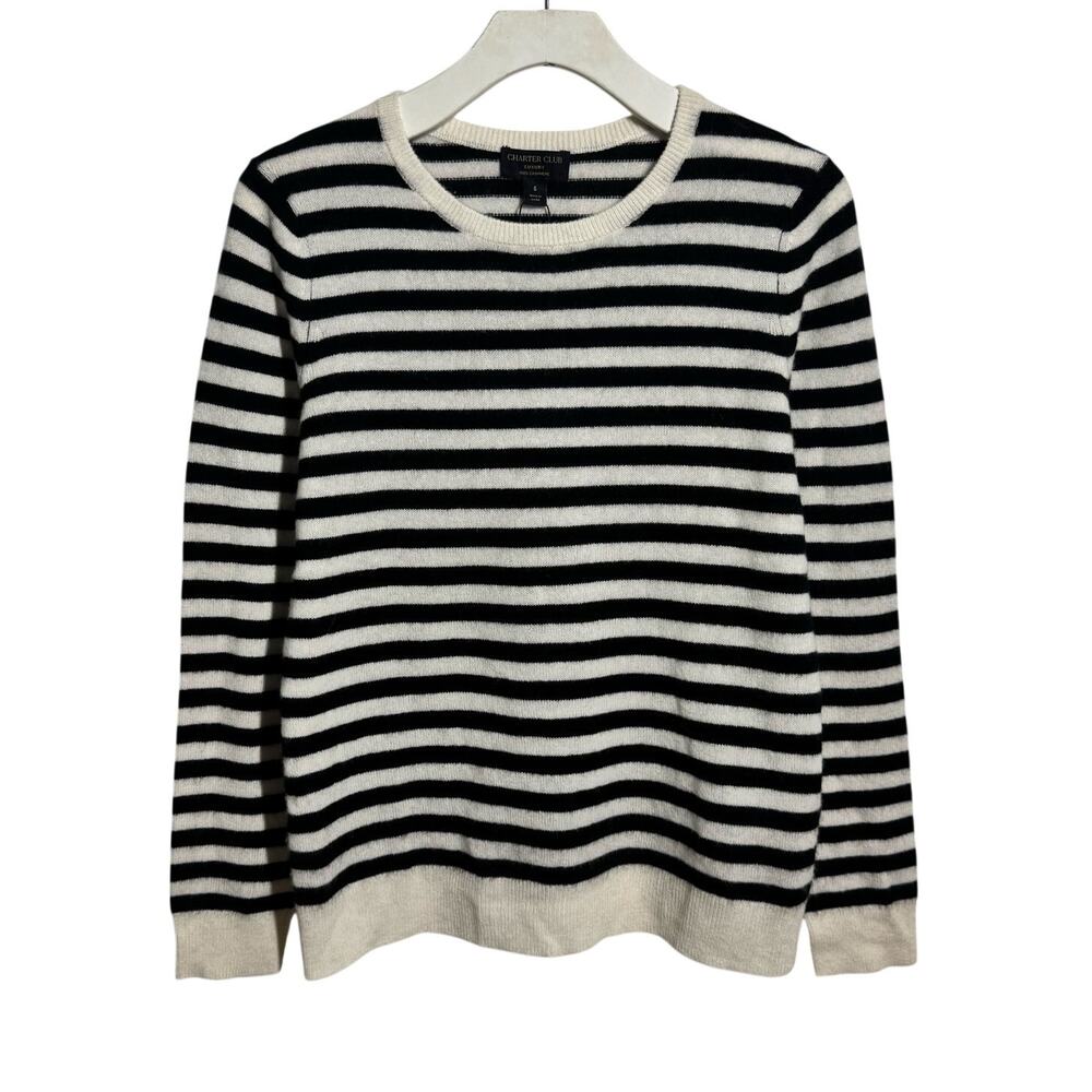 Charter Club 100%‎ Cashmere Sweater Women S Black White Stripe Minimal Modest